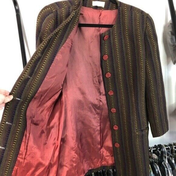 Vintage 90s Henri Bendel Striped 100% Wool Button Up Long Jacket - Picture 6 of 9